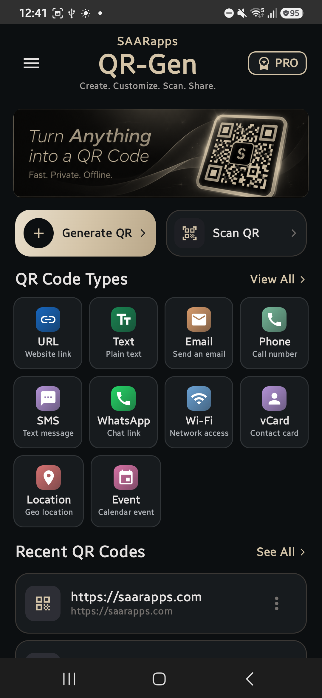 QR-Gen home screen